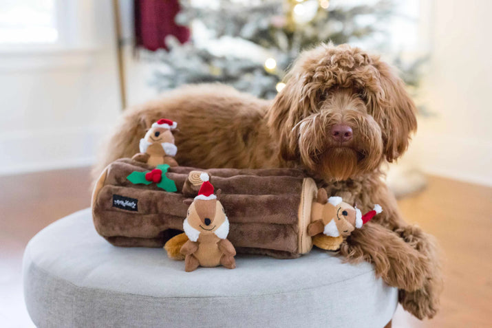 {{ ZippyPaws Holiday Zippy Burrow Yule Log Plush Dog Toy }} dog and cat toy from ZoomieGood.