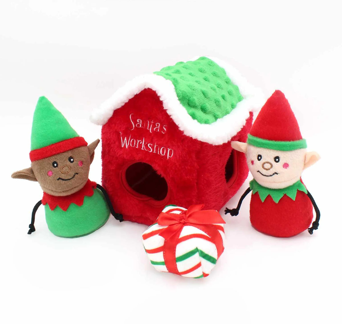 {{ ZippyPaws Holiday Burrow(TM) Santa's Workshop Plush Dog Toy }} dog and cat toy from ZoomieGood.